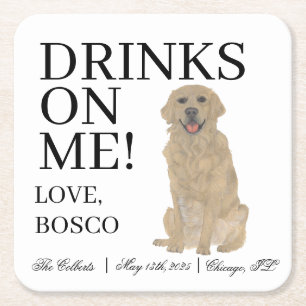 Personalized Golden Retriever Wedding Square Paper Coaster