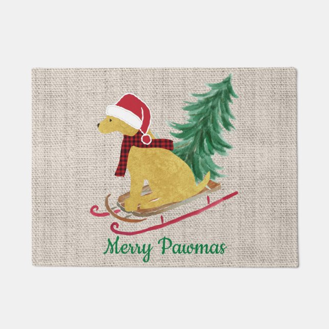 Personalized Golden Retriever Xmas Sled Burlap Doormat (Front)