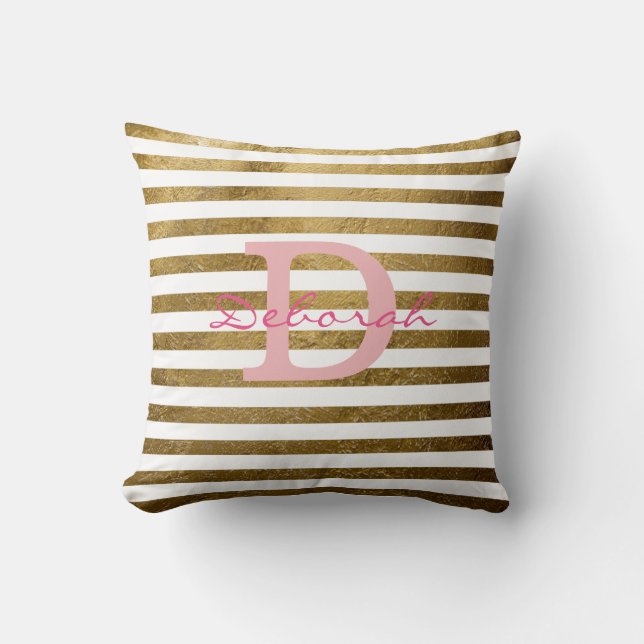 personalized golden stripes monogrammed throw pillow (Front)