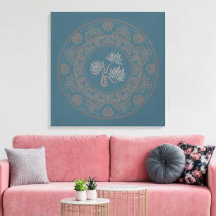 Personalized Golden Teal Rococo Lotus Dot Mandala Canvas Print