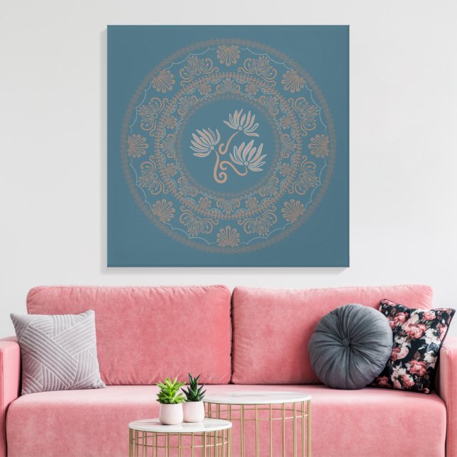 Personalized Golden Teal Rococo Lotus Dot Mandala Canvas Print (Insitu(LivingRoom))