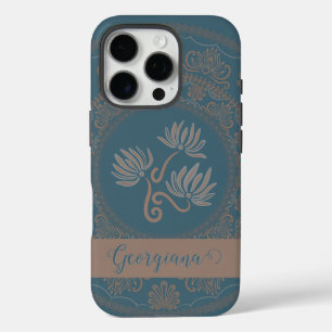 Personalized Golden Teal Rococo Lotus Dot Mandala iPhone 16 Pro Case