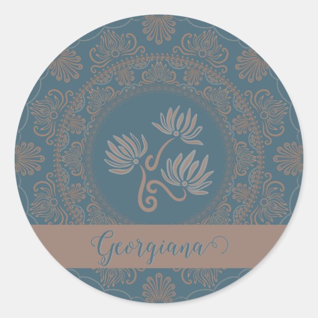 Personalized Golden Teal Rococo Lotus Dot Mandala Classic Round Sticker (Front)