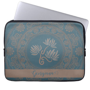 Personalized Golden Teal Rococo Lotus Dot Mandala Laptop Sleeve