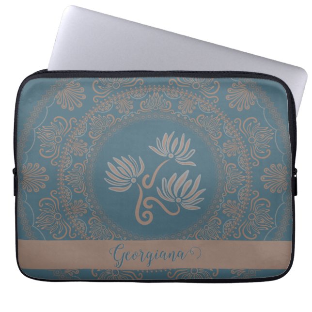Personalized Golden Teal Rococo Lotus Dot Mandala Laptop Sleeve (Front)