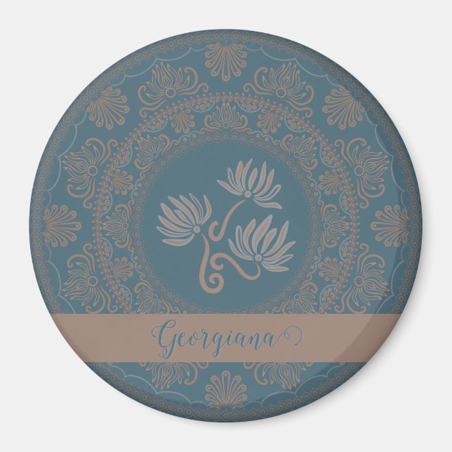 Personalized Golden Teal Rococo Lotus Dot Mandala Magnet (Front)