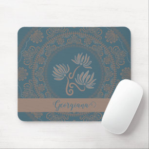 Personalized Golden Teal Rococo Lotus Dot Mandala Mouse Pad