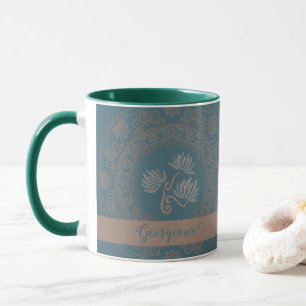 Personalized Golden Teal Rococo Lotus Dot Mandala Mug