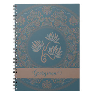 Personalized Golden Teal Rococo Lotus Dot Mandala Notebook