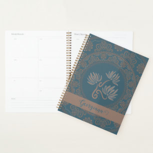 Personalized Golden Teal Rococo Lotus Dot Mandala Planner