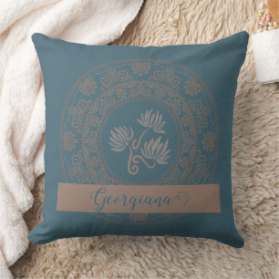 Personalized Golden Teal Rococo Lotus Dot Mandala Throw Pillow