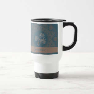Personalized Golden Teal Rococo Lotus Dot Mandala Travel Mug