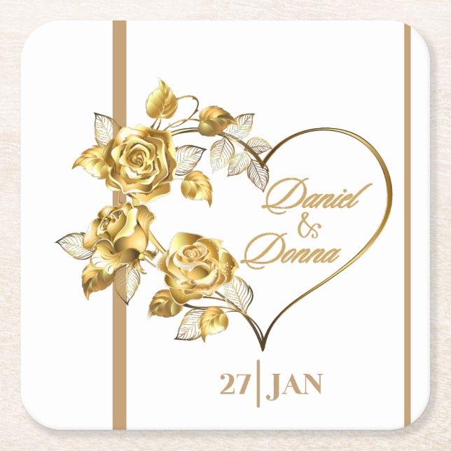 Personalized Golden Wedding Napkins Square Paper Coaster (Front)