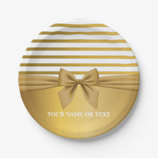 Personalized Golden white Stripes Christmas Bow Paper Plate