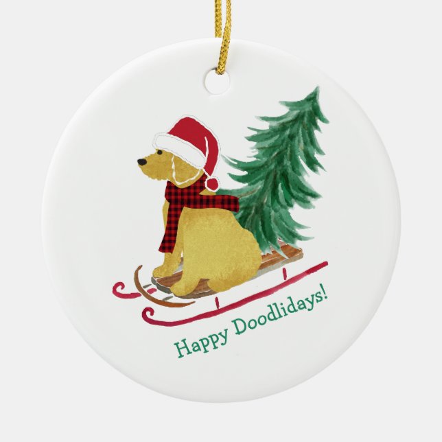 Personalized Goldendoodle Christmas Sled Ceramic Ornament (Front)