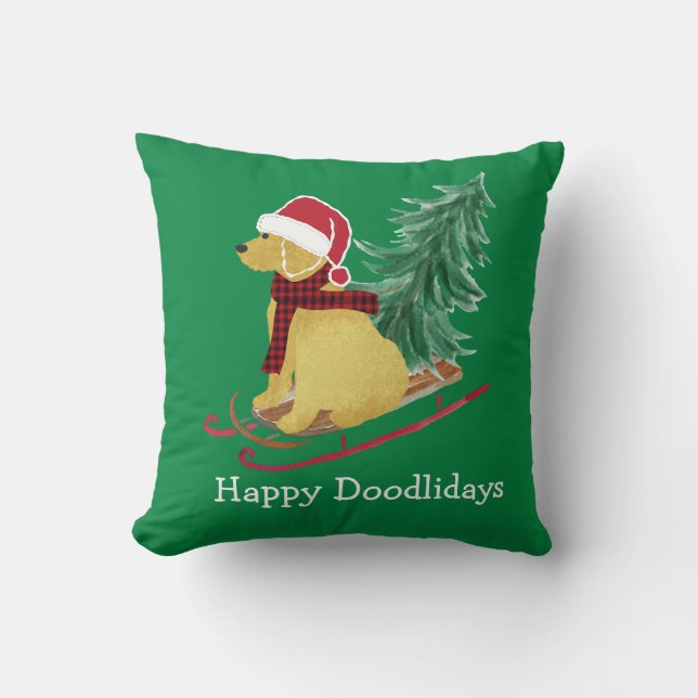 Personalized Goldendoodle Christmas Sled Throw Pillow (Front)