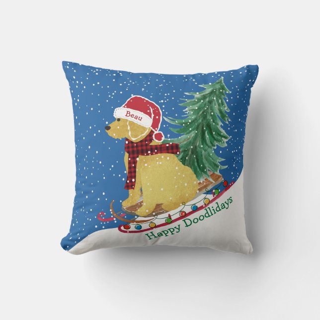 Personalized Goldendoodle Christmas Snow Sled Blue Throw Pillow (Front)