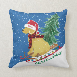 Personalized Goldendoodle Christmas Snow Sled Blue Throw Pillow