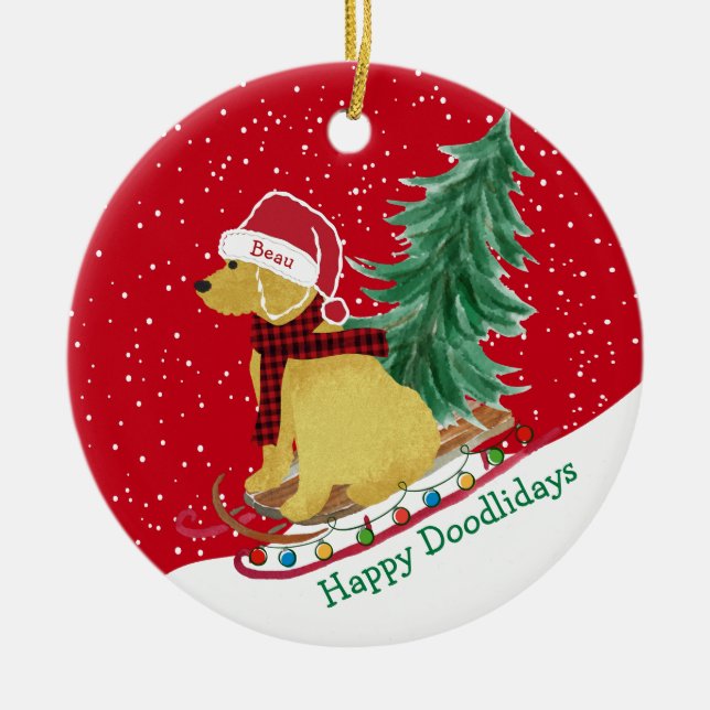 Personalized Goldendoodle Christmas Snow Sled Ceramic Ornament (Front)
