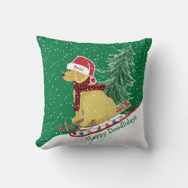 Personalized Goldendoodle Christmas Snow Sled Throw Pillow (Front)
