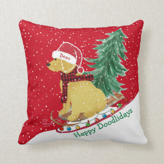 Personalized Goldendoodle Christmas Snow Sled Throw Pillow