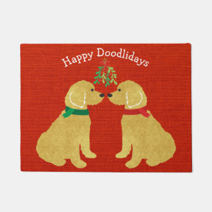 Personalized Goldendoodles Kissing Under Mistletoe Doormat