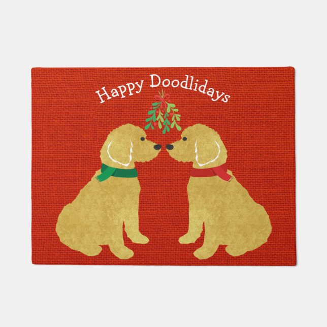 Personalized Goldendoodles Kissing Under Mistletoe Doormat (Front)