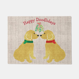 Personalized Goldendoodles Kissing Under Mistletoe Doormat