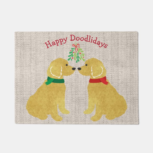 Personalized Goldendoodles Kissing Under Mistletoe Doormat (Front)