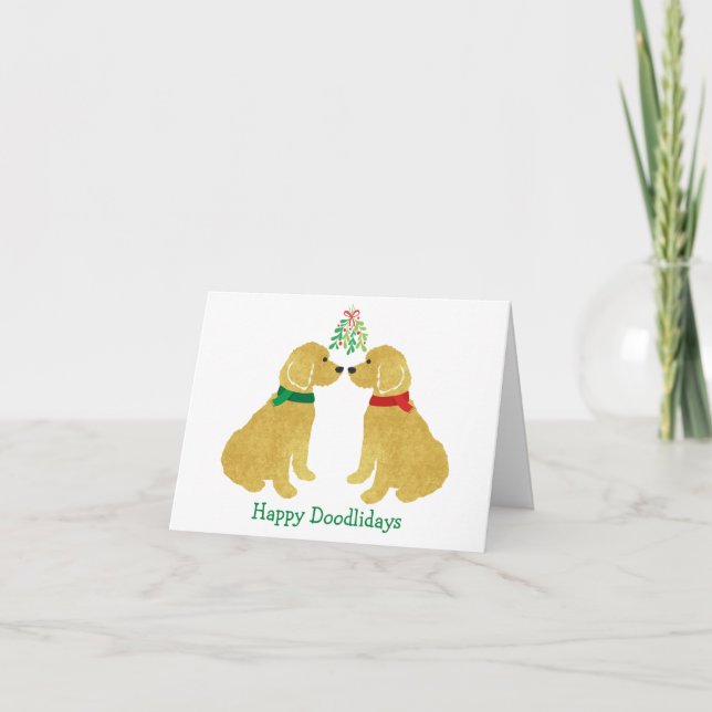 Personalized Goldendoodles Kissing Under Mistletoe Holiday Card (Front)