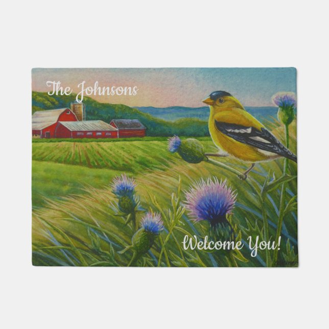 Personalized Goldfinch Thistles Summer Farm Art Doormat (Front)