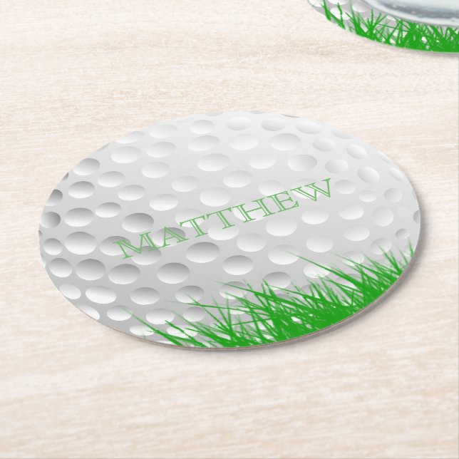 Personalized Golf Ball in Grass Round Paper Coaster (Angled)