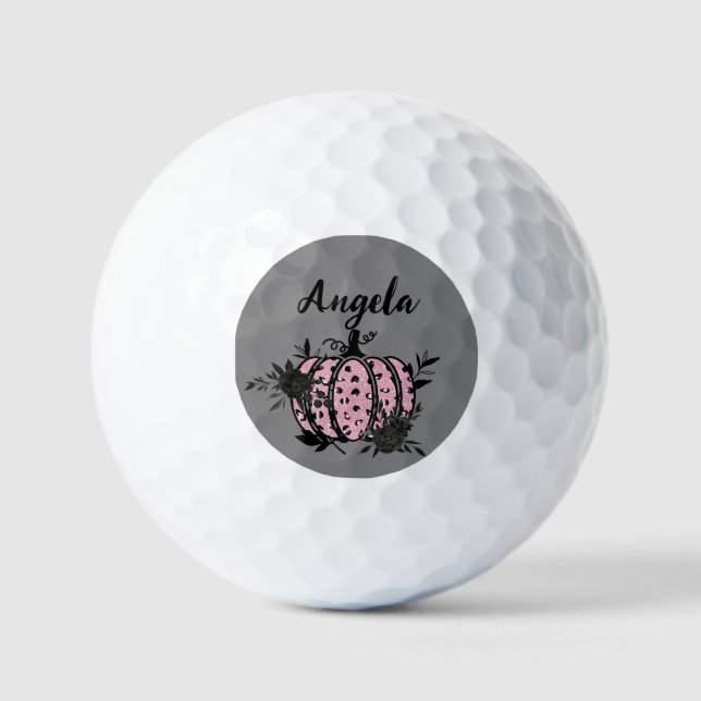 Personalized Golf Balls, Pink and Black Pumpkin Golf Balls (Front)