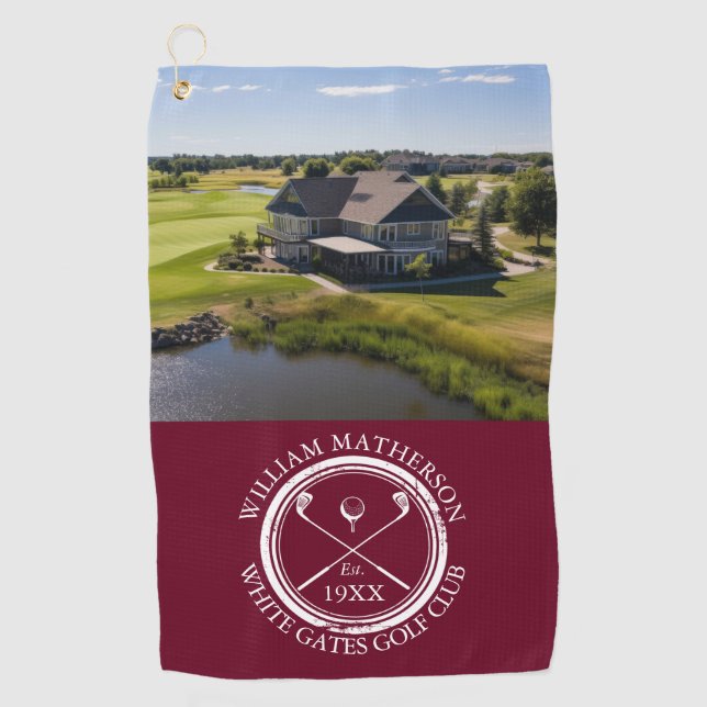 Personalized Golf Club Name And Photo Burgundy Red Golf Towel (Front)