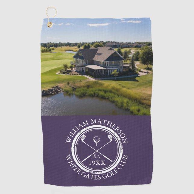 Personalized Golf Club Name And Photo Purple Golf Towel (Front)