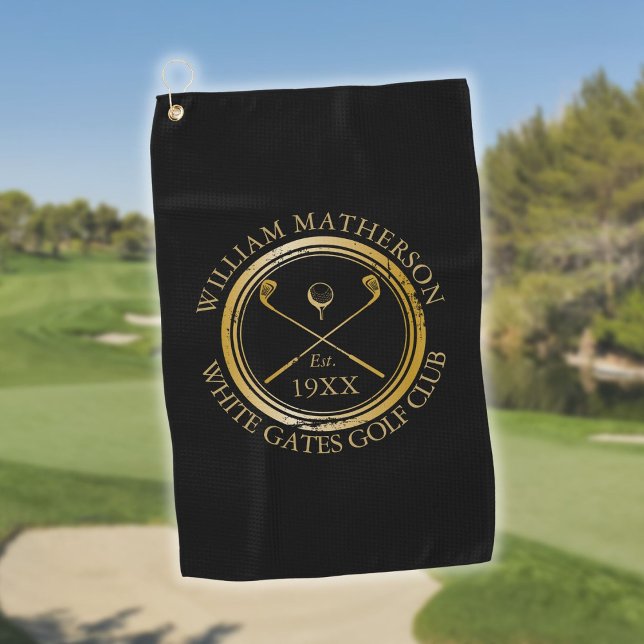 Personalized Golf Club Name Black And Gold Golf Towel (Personalized Golf Club Name Black And Gold Golf Towel)