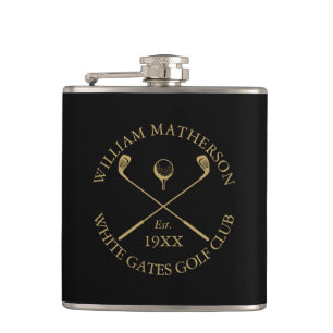 Personalized Golf Club Name Black And Gold Hip Flask