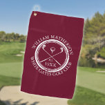 Personalized Golf Club Name Burgundy Red Golf Towel<br><div class="desc">Featuring a classic crossed golf clubs and golf ball design and aged stamp effect border,   these golf towels are ideal for all golf clubs and golf club members. Personalize with the name of the club member,  golf club name and the year the golf club was established. Designed by Thisisnotme©</div>