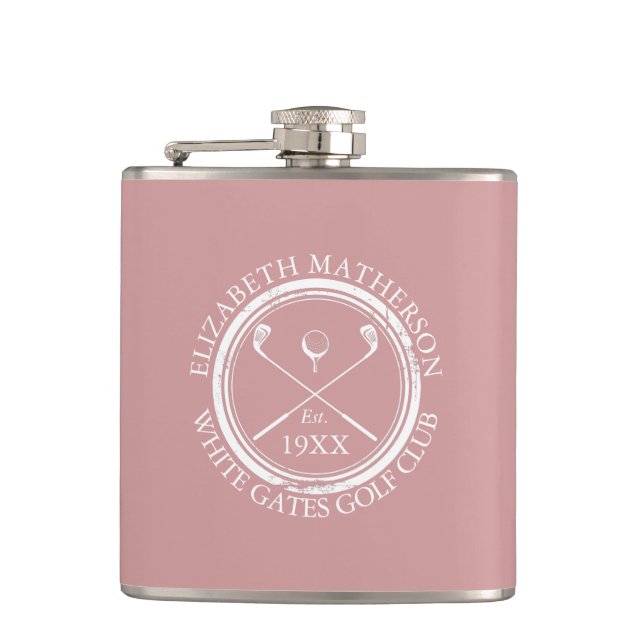 Personalized Golf Club Name Dusty Rose Pink Hip Flask (Front)