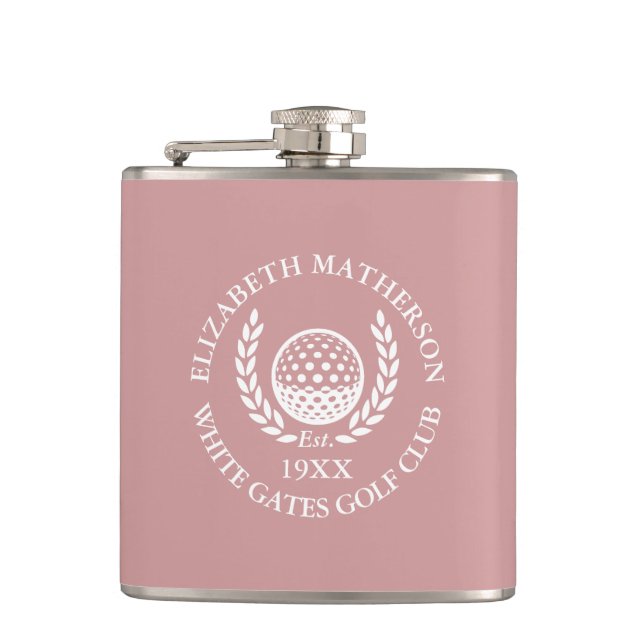 Personalized Golf Club Name Dusty Rose Pink Hip Flask (Front)