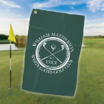 Personalized Golf Club Name Emerald Green Golf Towel<br><div class="desc">Featuring a classic crossed golf clubs and golf ball design and aged stamp effect border,   these golf towels are ideal for all golf clubs and golf club members. Personalize with the name of the club member,  golf club name and the year the golf club was established. Designed by Thisisnotme©</div>