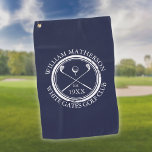Personalized Golf Club Name Navy Blue Golf Towel<br><div class="desc">Featuring a classic crossed golf clubs and golf ball design, and aged stamp effect border, these golf towels are ideal for all golf clubs and golf club members. Personalize with the name of the club member, the golf club name, and the year the golf club was established. Designed by Thisisnotme©...</div>