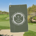 Personalized Golf Club Name Olive Green Golf Towel<br><div class="desc">Featuring a classic crossed golf clubs and golf ball design and aged stamp effect border,   these golf towels are ideal for all golf clubs and golf club members. Personalize with the name of the club member,  golf club name and the year the golf club was established. Designed by Thisisnotme©</div>