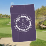Personalized Golf Club Name Purple Golf Towel<br><div class="desc">Featuring a classic crossed golf clubs and golf ball design and aged stamp effect border,   these golf towels are ideal for all golf clubs and golf club members. Personalize with the name of the club member,  golf club name and the year the golf club was established. Designed by Thisisnotme©</div>