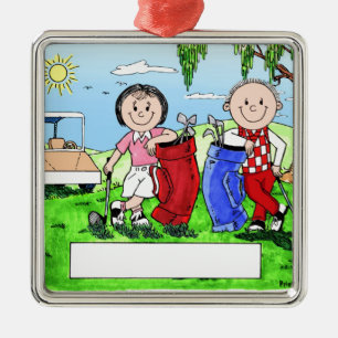 Personalized Golf Couple Cartoon Caricature Metal Ornament