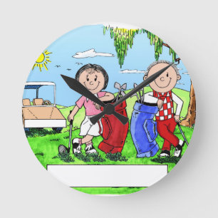 Personalized Golf Couple Cartoon Caricature Round Clock