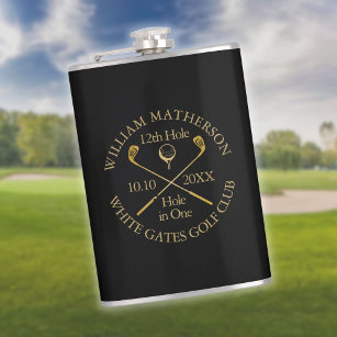 Personalized Golf Hole in One Black And Gold Hip Flask