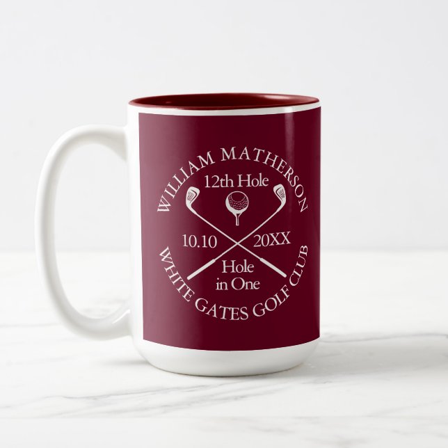 Personalized Golf Hole in One Burgundy Two-Tone Coffee Mug (Left)