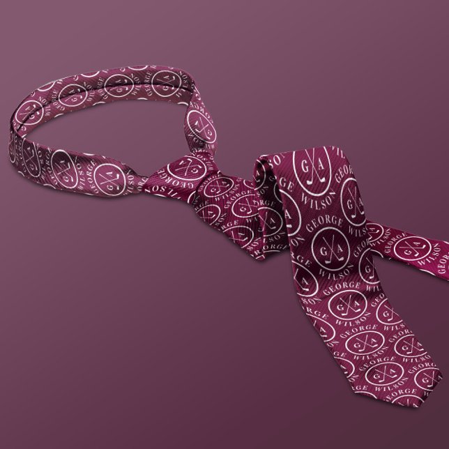 Personalized Golf Monogram Name Burgundy Golf Ball Tie (Creator Uploaded)