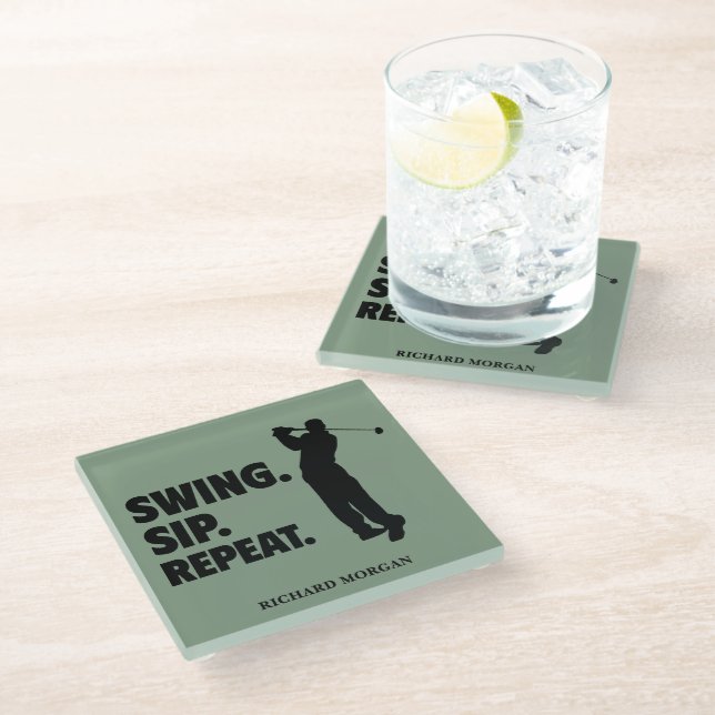Personalized Golf Swing Sip Repeat Glass Coaster (Angled)